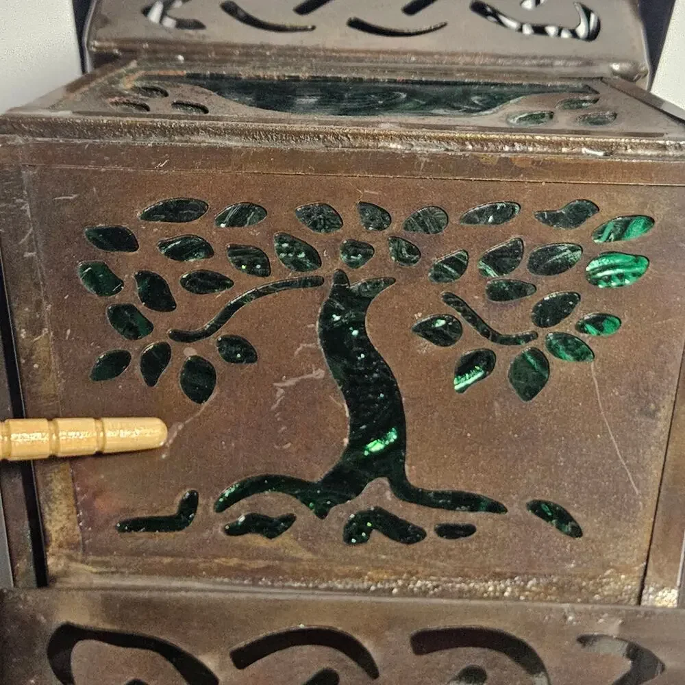 Vintage Pier 1 Imports Tree of Life Green Glass Moroccan Lantern